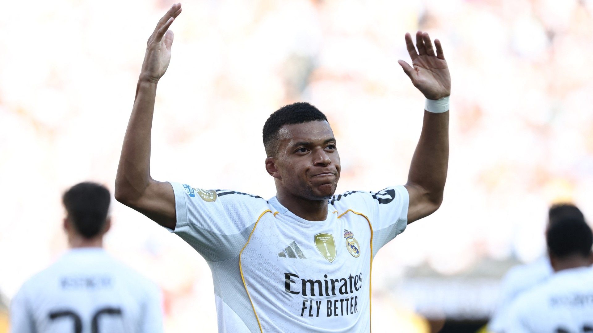  Real Madrid's French forward #09 Kylian Mbappe celebrates scoring his team's third goal 