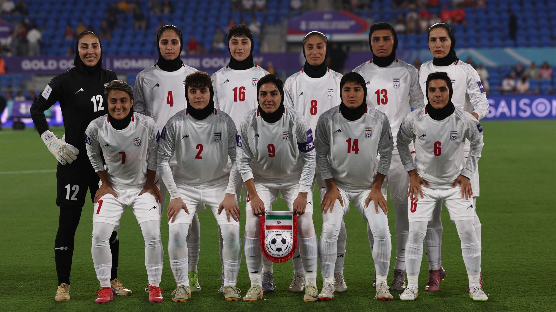 Iranian women’s national football team anthem moment at AFC Asian Cup match vs Australia on the Gold Coast