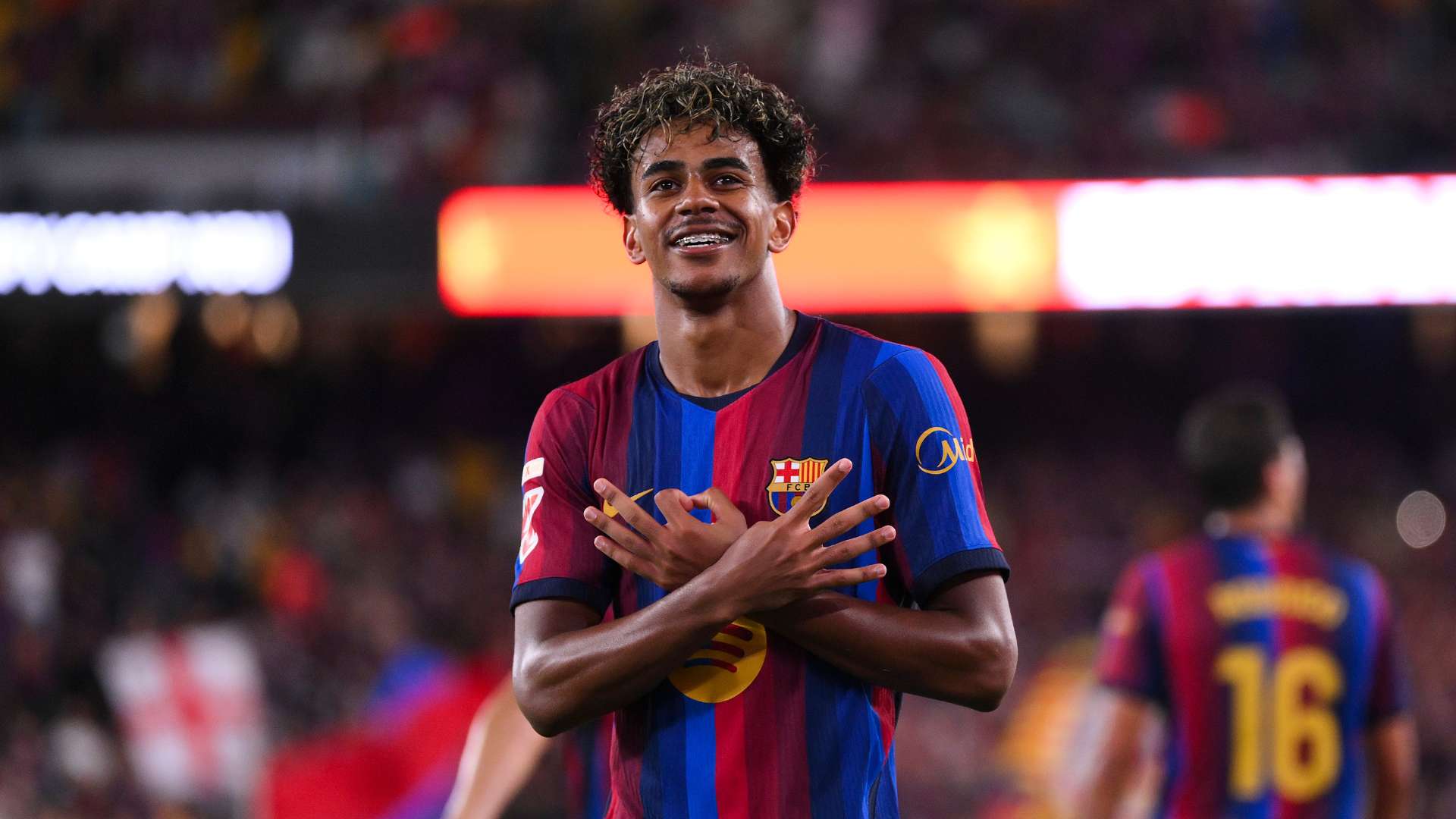 Lamine Yamal of FC Barcelona celebrates their team's fifth goal during the LaLiga EA Sports 2026/27 match