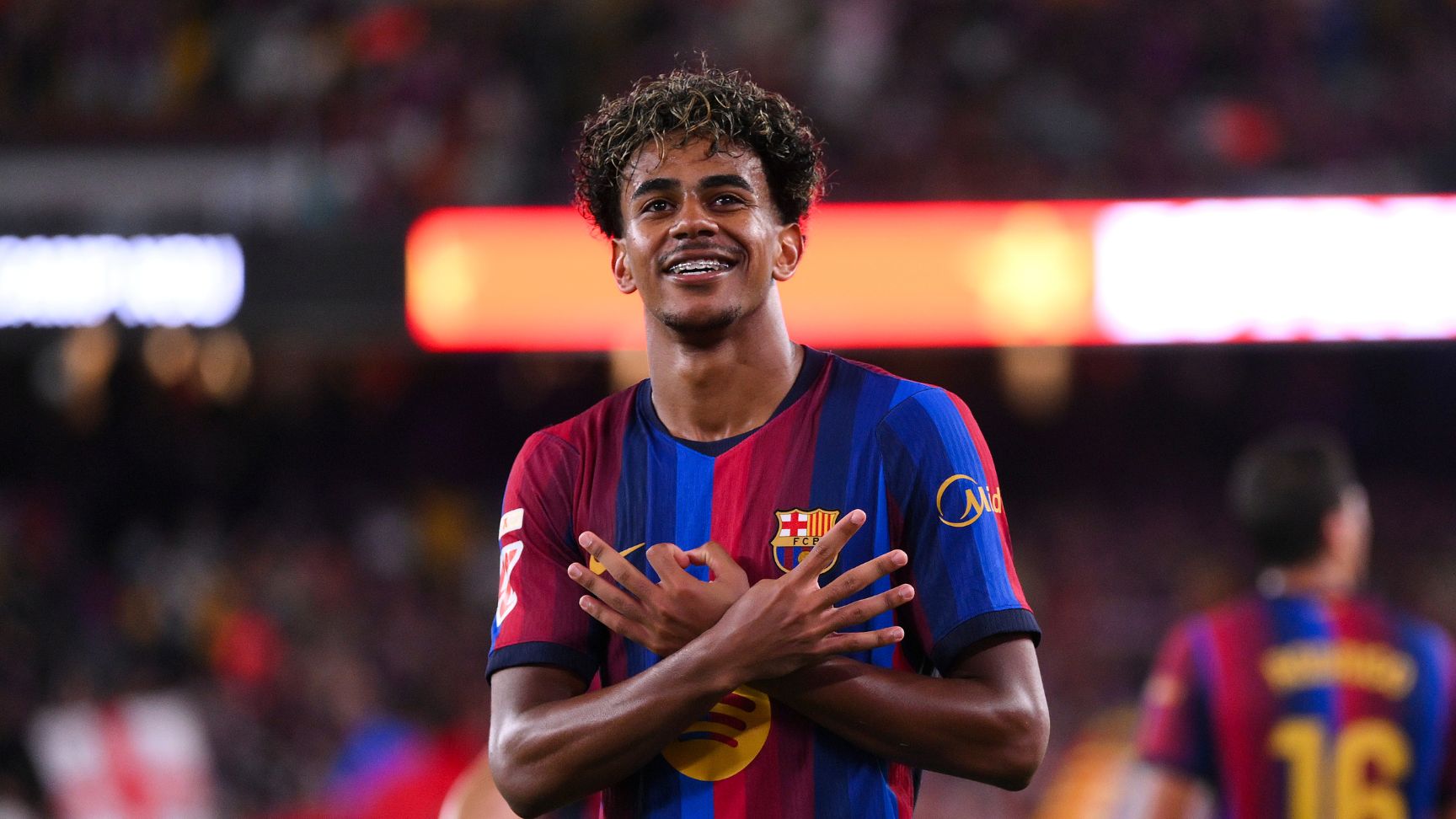 Lamine Yamal of FC Barcelona celebrates their team's fifth goal during the LaLiga EA Sports 2026/27 match