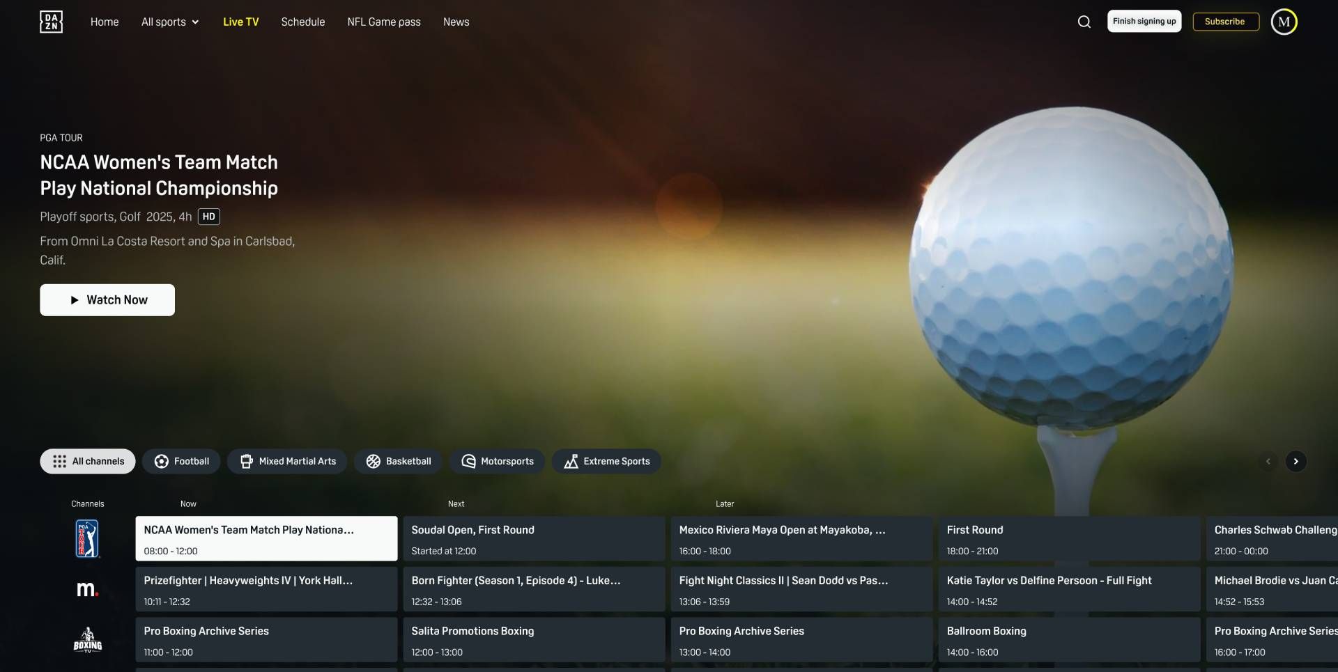dazn golf homepage screenshot