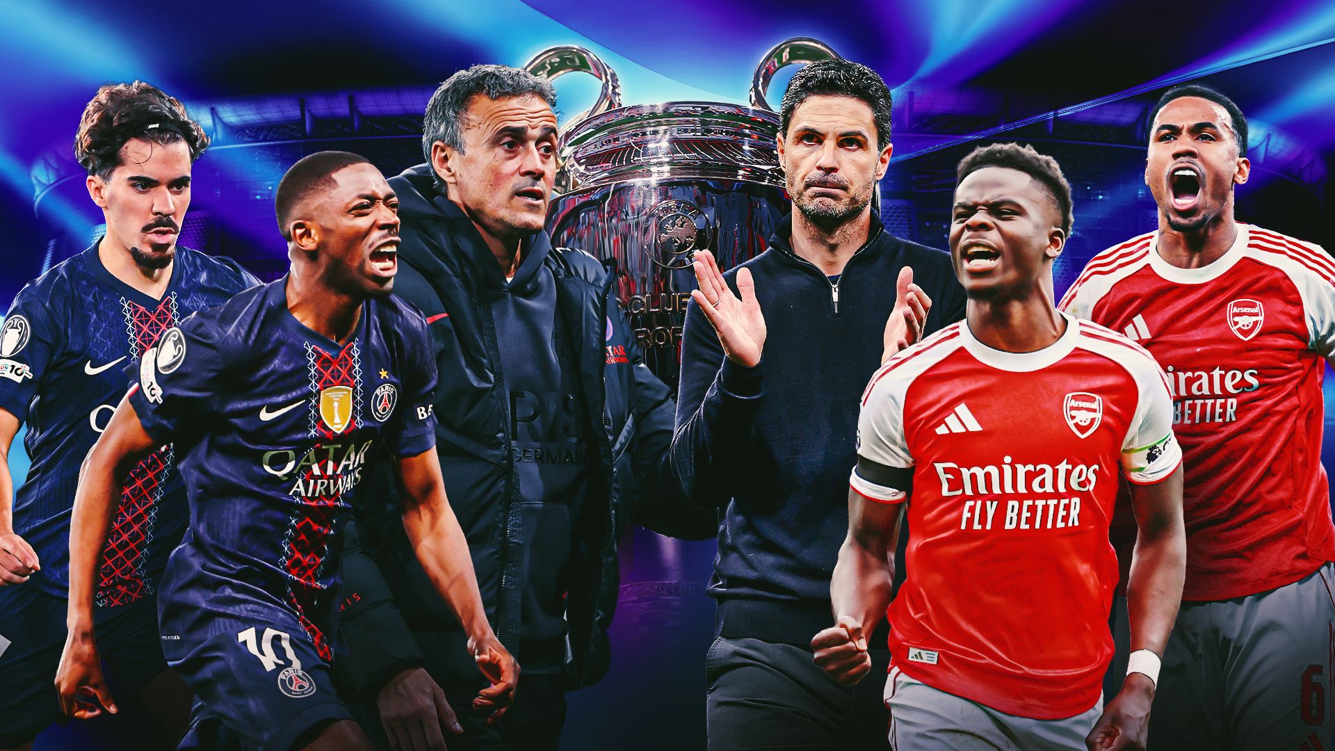 A composite image of Vitinha, Ousmane Dembélé, Luis Enrique, Mikel Arteta, Bukayo Saka and Gabriel Magalhães with the UEFA Champions League trophy in the background.
