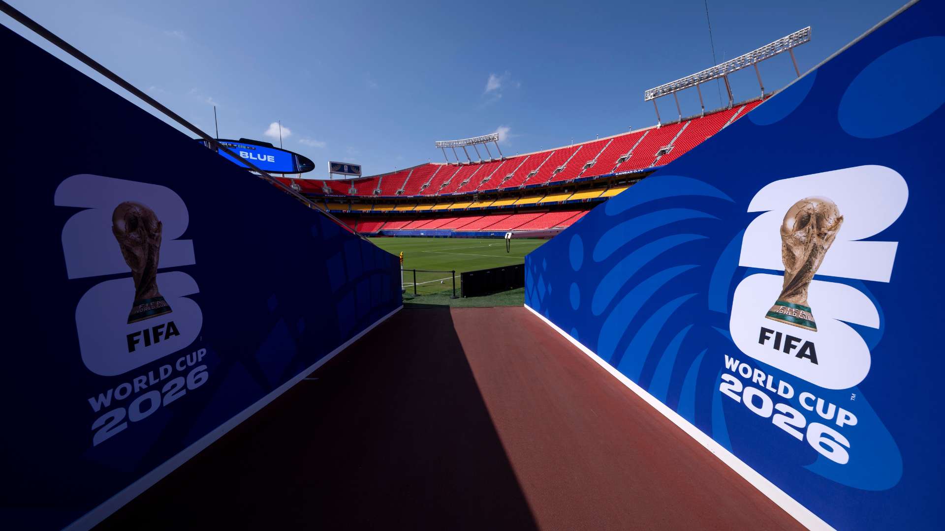 A general view of FIFA World Cup 2026 signage at Kansas City Stadium on June 08, 2026