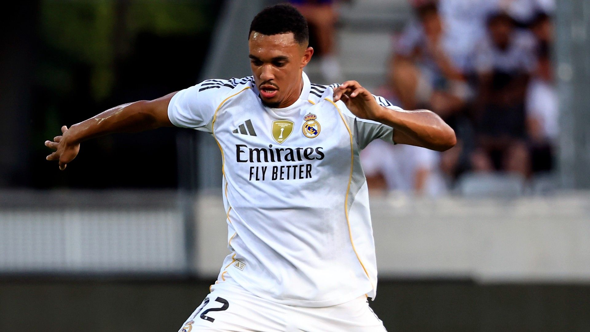Trent Alexander-Arnold of Real Madrid controls the ball