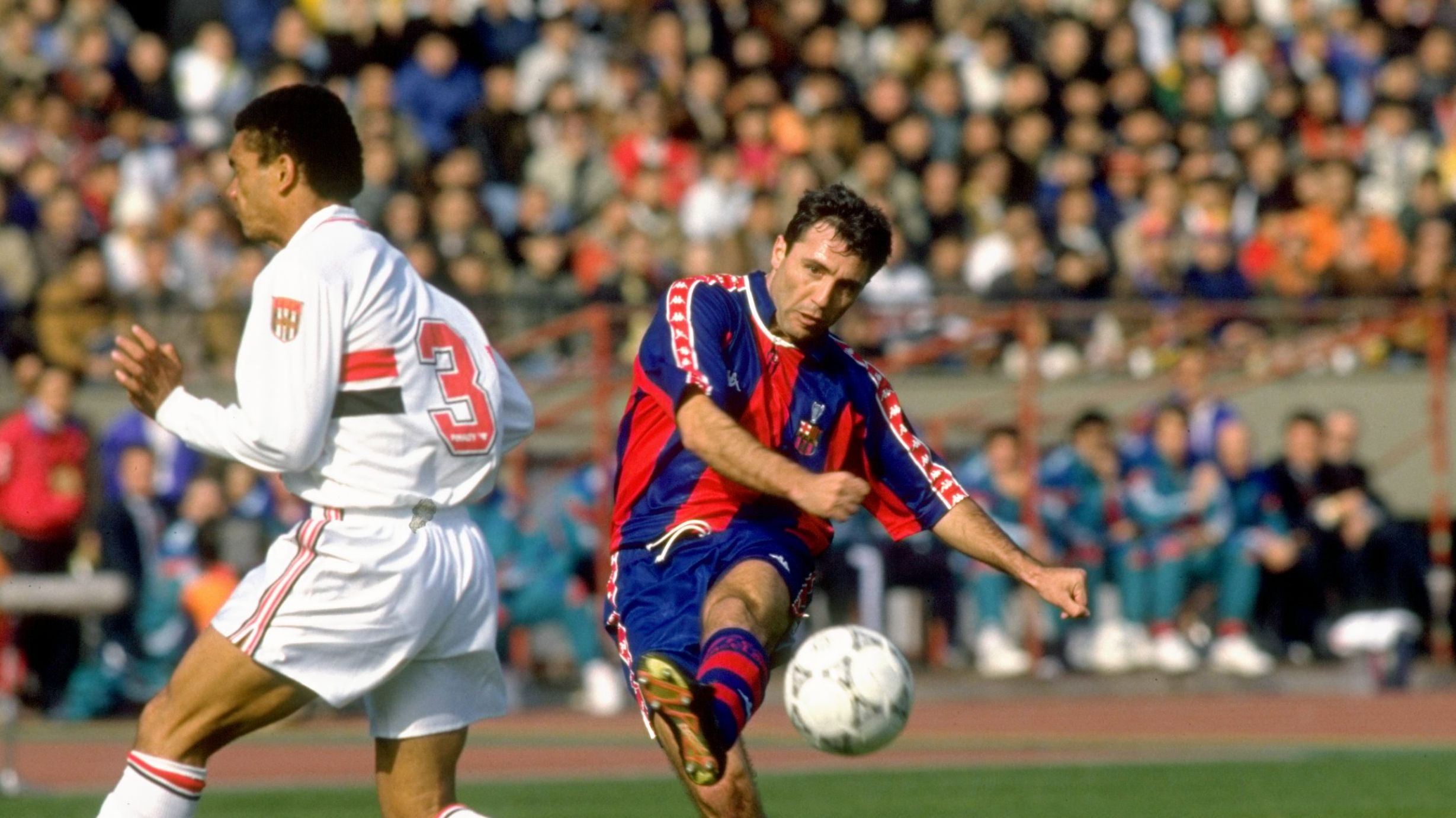 Hristo Stoichkov of Barcelona and Adilson of Sao Paulo