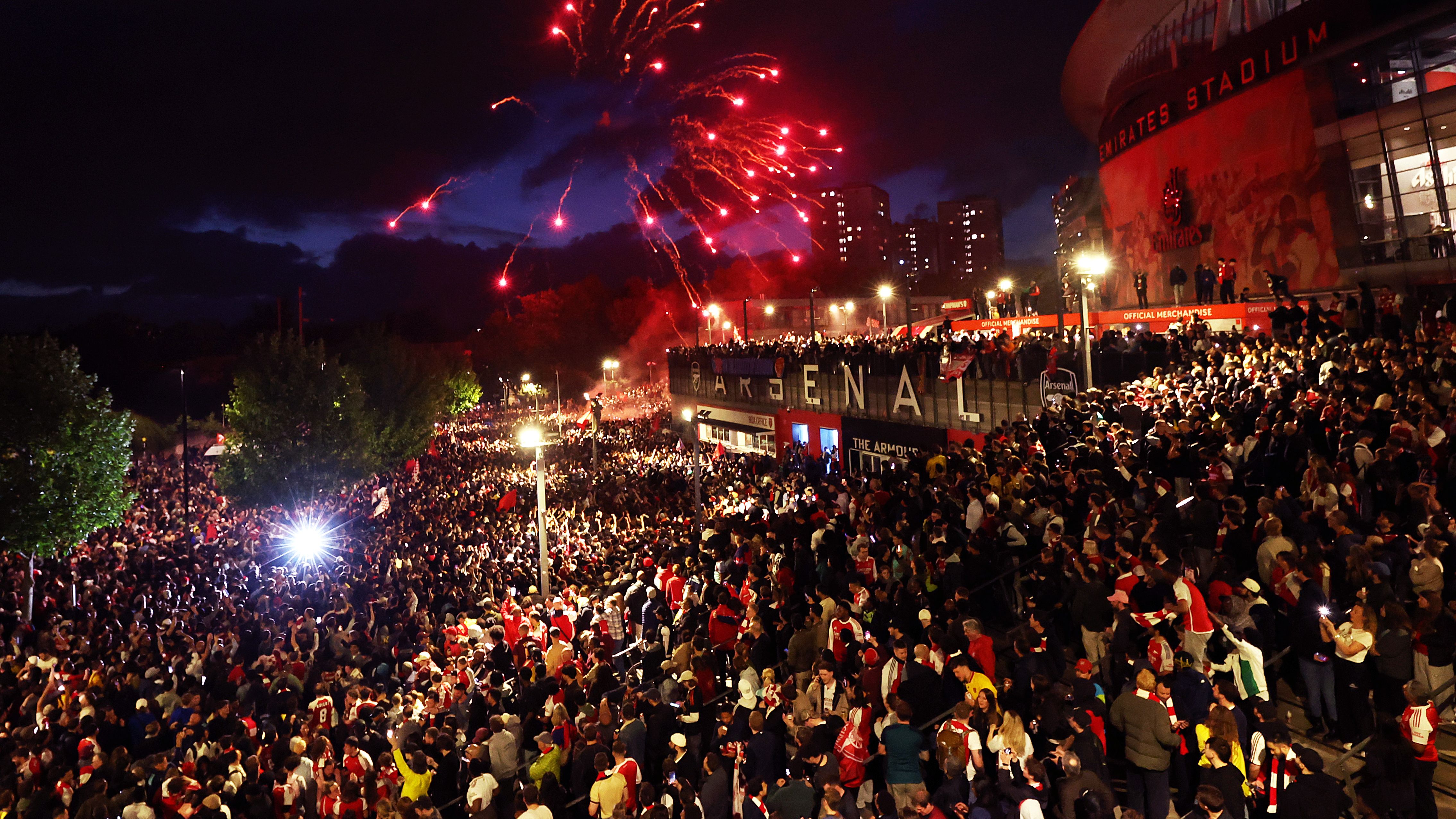 Arsenal Fans Outside Emirates Stadium As Title Rivals Manchester City Play AFC Bournemouth