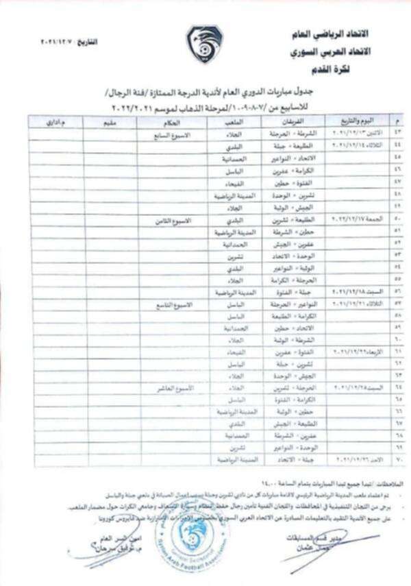 جدول مباريات الدوري
