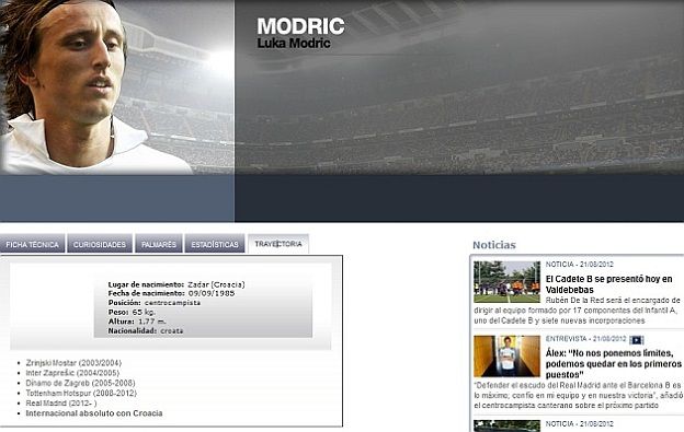 صورة من صفحة مودريتش على موقع الريال قبل حذفها من إدارة النادي الملكي