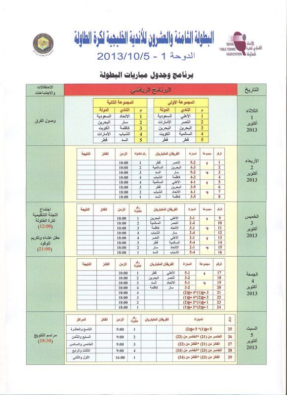 جدول مباريات البطولة