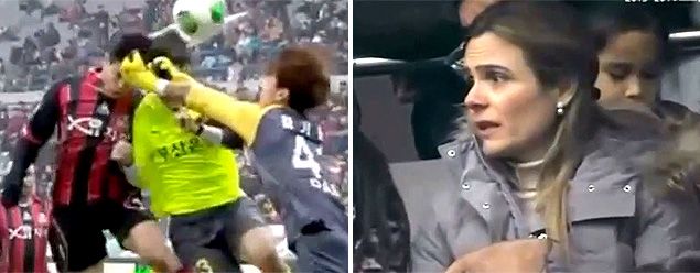 اصطدام مولينا بالحارس وفي المقابل ردة فعل زوجة اللاعب الكولومبية لورا 