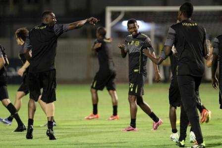 من التدريب الذي يظهر ارتياحية اللاعبين قبل لقاء النصر