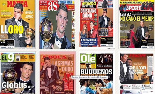 صحف العالم تبرز انجاز رونالدو وتتويجه بالكرة الذهبية