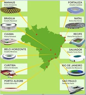 صورة توضح التوزيع الجغرافي للملاعب ال12 بالبرازيل