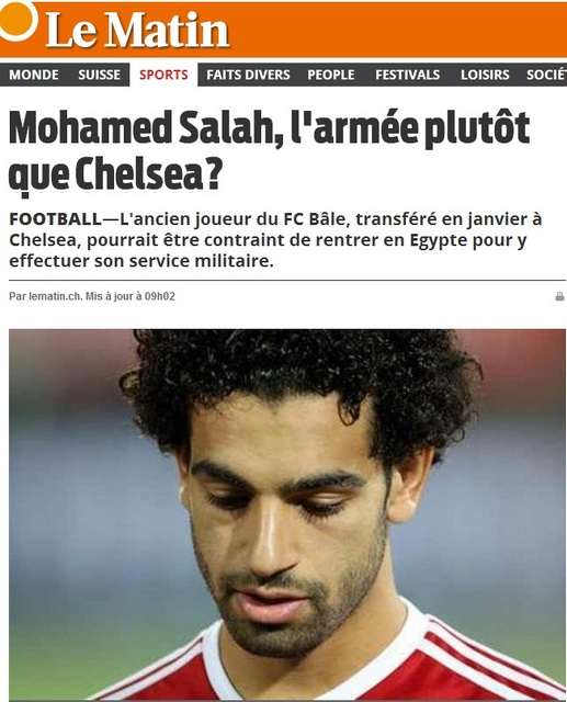 "الجيش بدلاً من تشيلسي لصلاح" عنوان صحيفة لوماتان السويسرية