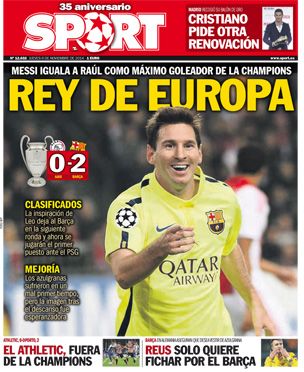 ميسي ملك أوروبا على غلاف صحيفة سبورت