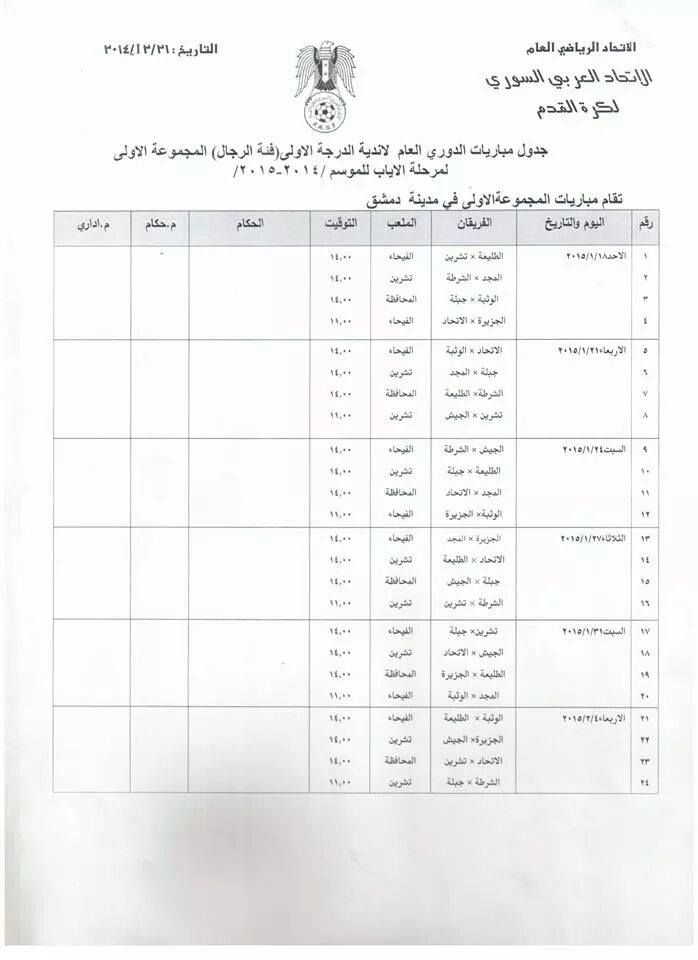 جدول مباريات الدور الثاني المجموعة الأولى