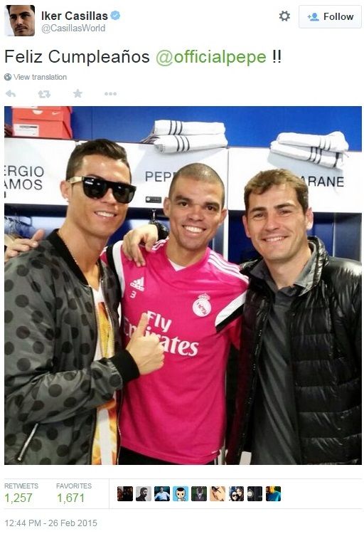 تهنئة كاسياس لزميله بيبي عبر تويتر