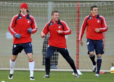 لوكاس بودولوسكي اثناء تدريبات بايرن ميونيخ استعداداً للشبونة في دوري ابطال اوروبا