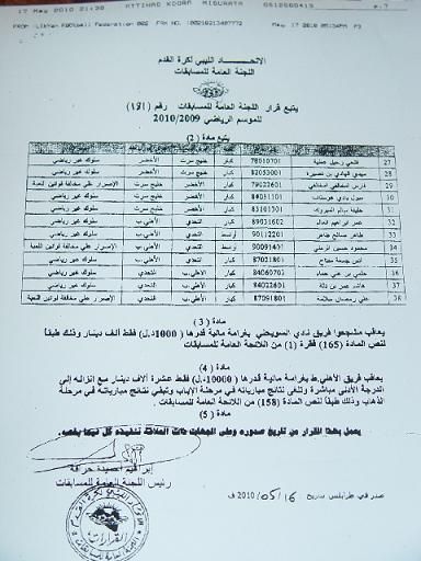 صورة من القرار رقم 181 الصادر من اللجنة العامة للمسابقات بالإتحاد الليبي لكرة القدم 